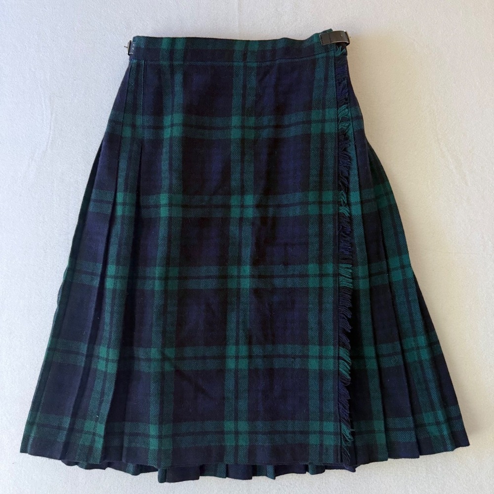 Vintage Black Watch Tartan Plaid Wool Kilt Skirt Green Navy Pleated US XS/S uk14
